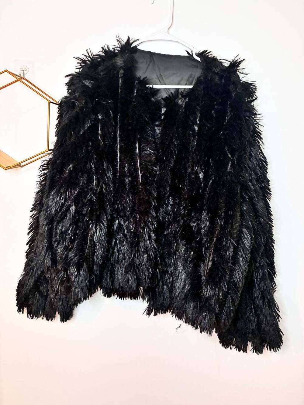 Black Shaggy Faux Fur Open Front Cropped Jacket Size 2XL